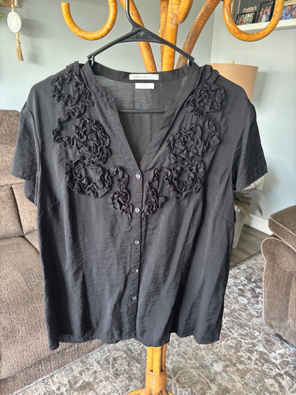 Van Heusen Black Short-Sleeve Ruffle-Detail Button-Down Top